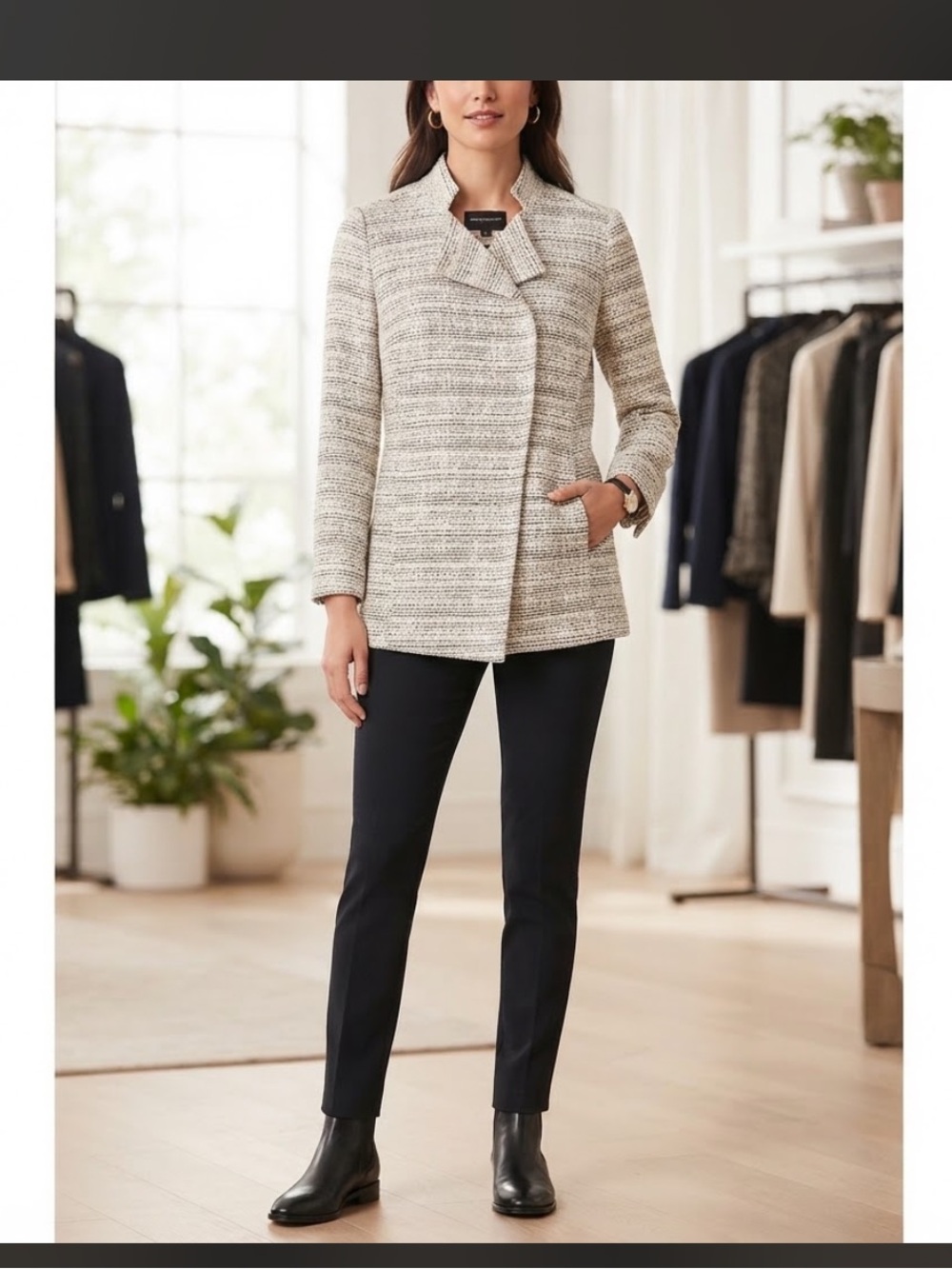 Banana Republic Women's Size 0 Cream Black Tweed Asymmetric Jacket Coat Blazer
